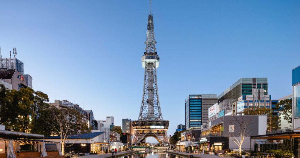 Chubu Electric Power MIRAI TOWER (formerly the Nagoya TV Tower) rising above Hisaya-ōdori Park in Nagoya, Japan.